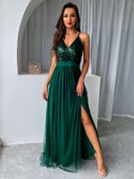 Commute Sequins Patchwork Net Yarn Solid Color Maxi Long Dress main image 2