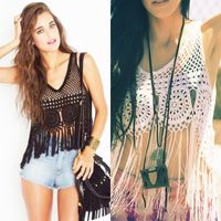 Sexy Crocheted Solid Color V-neck Suspenders Hollow Stitching Long Tassel Bikini Top main image 3