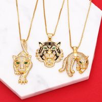 Fashion Punk Style Three-dimensional Full Diamond Painting Oil Tiger Head Leopard Pendant Copper Necklace main image 1