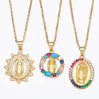 Fashion Inlaid Colored Zircon Necklace Virgin Mary Tag Copper Collarbone Chain main image 2