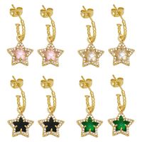 Retro Five-pointed Star C-shaped Copper Gold-plated Inlaid Zircon Earrings main image 2