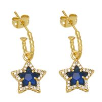 Retro Five-pointed Star C-shaped Copper Gold-plated Inlaid Zircon Earrings main image 4