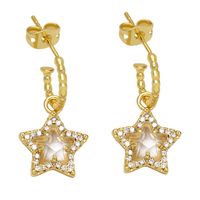 Retro Five-pointed Star C-shaped Copper Gold-plated Inlaid Zircon Earrings main image 5