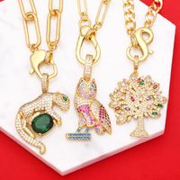 Hip-hop Color Zircon Leopard Owl Tree Of Life Pendant Copper Necklace main image 1