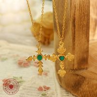 Hip-hop Rose Cross Tip Cross Green Zircon Pendant Necklace main image 2