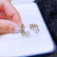 Fashion Micro-inlaid Zircon Leaves Pearl Copper Earrings main image 4