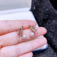 Fashion Micro-inlaid Zircon Leaves Pearl Copper Earrings main image 6