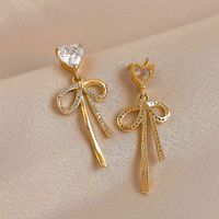 Fashion Zircon Heart-shaped Bow Copper Earrings Female main image 4