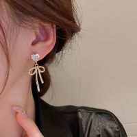 Fashion Zircon Heart-shaped Bow Copper Earrings Female main image 5
