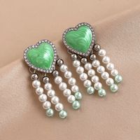 Fashion Retro Drop Oil Rhinestone Heart-shaped Pearl Tassel Copper Earrings main image 2