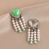 Fashion Retro Drop Oil Rhinestone Heart-shaped Pearl Tassel Copper Earrings main image 4