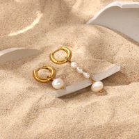 1 Pair Fashion Geometric Stainless Steel Asymmetrical Plating Freshwater Pearl Earrings main image 1