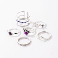 Fashion Jewelry Blue Purple Diamond Six-piece Geometric Leaf Hollow Alloy Ring Set main image 5