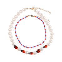 Cute Ladybug Little Yellow Duck Short Pearl Double Layer Necklace Set sku image 1