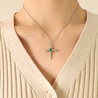 Hip-hop Rose Cross Tip Cross Green Zircon Pendant Necklace sku image 1