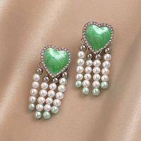 Fashion Retro Drop Oil Rhinestone Heart-shaped Pearl Tassel Copper Earrings sku image 1