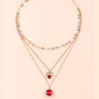 Simple Heart Ruby Pendant Disc Chain Multi-layer Necklace sku image 2
