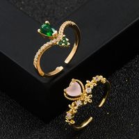 Copper Plated Real Gold Micro Inlaid Green Zircon Heart-shaped Women's Ring main image 1