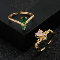 Copper Plated Real Gold Micro Inlaid Green Zircon Heart-shaped Women's Ring main image 2