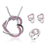 Heart-shaped Jewelry Heart-shaped Full Diamond Necklace Earring Ring Three-piece Set sku image 4