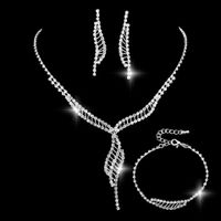 Fashion Bride Full Diamond Copper Necklace Earrings Bracelet Three-piece Set sku image 1