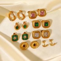 Fashion Vintage 18k Gold Stainless Steel Inlaid Zircon Natural Stone Earrings main image 3