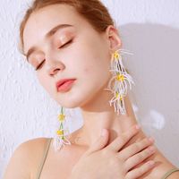 Banquet Seaside All-match Original Design Super Fairy Tassel Hand-woven Bead Daisy Long Earrings main image 3