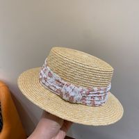 Wheat-straw Hat Flat Top Small-brim Floral Summer Sun Hat Women's Vacation Hat sku image 1