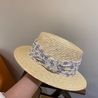 Wheat-straw Hat Flat Top Small-brim Floral Summer Sun Hat Women's Vacation Hat sku image 3