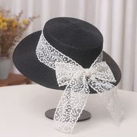 Straw Hat Women's Bow Lace Flat-top Cap Summer Travel Beach Hat sku image 1