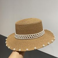 Summer Retro Large Brim Sunscreen Pearl Straw Hat sku image 1