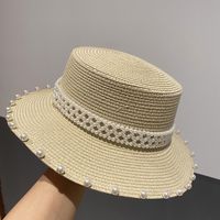 Summer Retro Large Brim Sunscreen Pearl Straw Hat sku image 4
