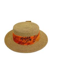Retro Flat Top Printing Chain Strap Straw Hat Summer Holiday Concave Shape Sun Protection Hat main image 3