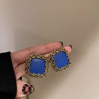 Retro Blue Leather Square Heart Stud Earrings Wholesale main image 4