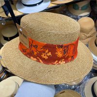 Sombrero Retro Plano Estampado Cadena Correa Paja Sombrero Verano Vacaciones Forma Cóncavo Sol Protección main image 2