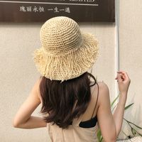 Straw Hat Women's Foldable Summer Tassel Simple Travel Big Brim Sun-protection Hat Seaside Vacation Beach Sun Hat main image 3