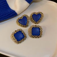 Retro Blue Leather Square Heart Stud Earrings Wholesale main image 1