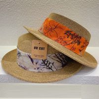 Retro Flat Top Printing Chain Strap Straw Hat Summer Holiday Concave Shape Sun Protection Hat main image 1