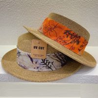 Sombrero Retro Plano Estampado Cadena Correa Paja Sombrero Verano Vacaciones Forma Cóncavo Sol Protección main image 1