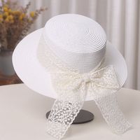 Straw Hat Women's Bow Lace Flat-top Cap Summer Travel Beach Hat main image 4