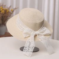 Straw Hat Women's Bow Lace Flat-top Cap Summer Travel Beach Hat main image 3