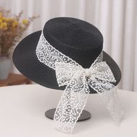 Straw Hat Women's Bow Lace Flat-top Cap Summer Travel Beach Hat main image 2