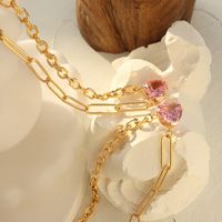 Korean New Trendy Pink Zircon Inlaid Heart Pendant Titanium Steel Necklace main image 3