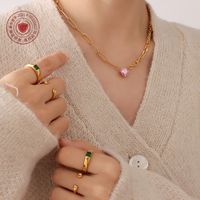 Korean New Trendy Pink Zircon Inlaid Heart Pendant Titanium Steel Necklace main image 6