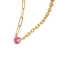 Korean New Trendy Pink Zircon Inlaid Heart Pendant Titanium Steel Necklace main image 5