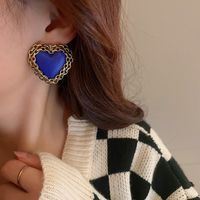 Retro Blue Leather Square Heart Stud Earrings Wholesale sku image 1
