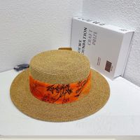 Retro Flat Top Printing Chain Strap Straw Hat Summer Holiday Concave Shape Sun Protection Hat sku image 1