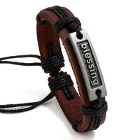 Retro Hand Gewebte Englische Buchstaben Blessing Rindsleder Armband Einfache Ausziehbare Verstellbare Leder Armband Armband sku image 1