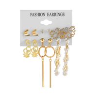New Retro Pearl Inlaid Ladies Earrings 9-piece Set Golden Geometric Butterfly Earrings sku image 4