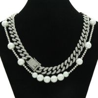 Fashion Hip Hop Metal Cuban Necklace Thick Pearl Full Diamond Alloy Necklace sku image 4